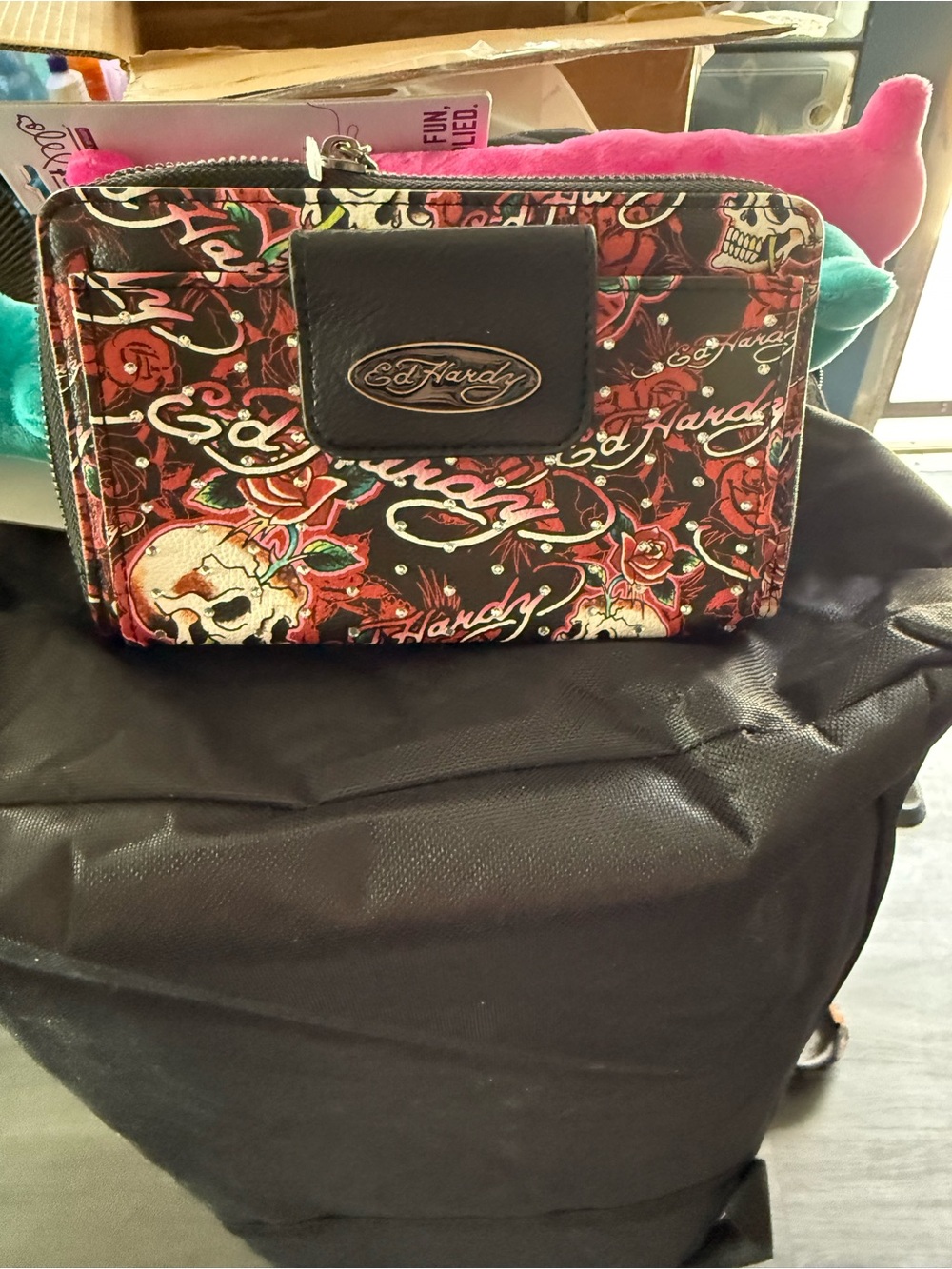 Ed Hardy Black & Red Skull Rose Zip Wallet